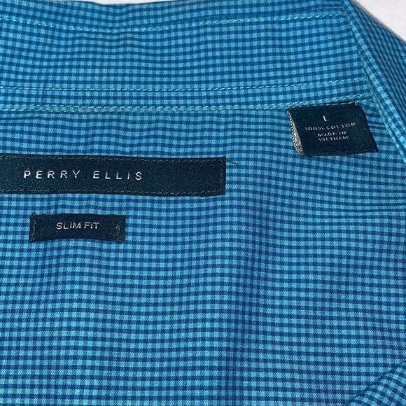 Perry Ellis Men's Slim Fit Short Sleeve Button Down Collared Shirt In Blue Large - Picture 3 of 11